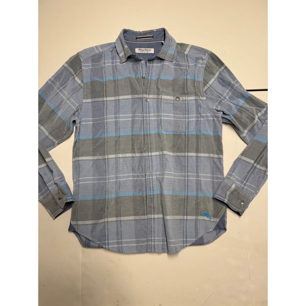 Tommy Bahama Coastline Cord Shirt Mens Small Blue Grey Plaid LS Button Up